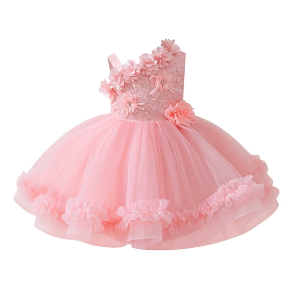 IDOPIP Infant Baby Flower Girl Dress Asymmetric Shoulder 3D Flowers Toddler Wedding Formal Birthday Party Pageant Tiered Tulle Gowns Tutu Dresses 9-12 Months Pink