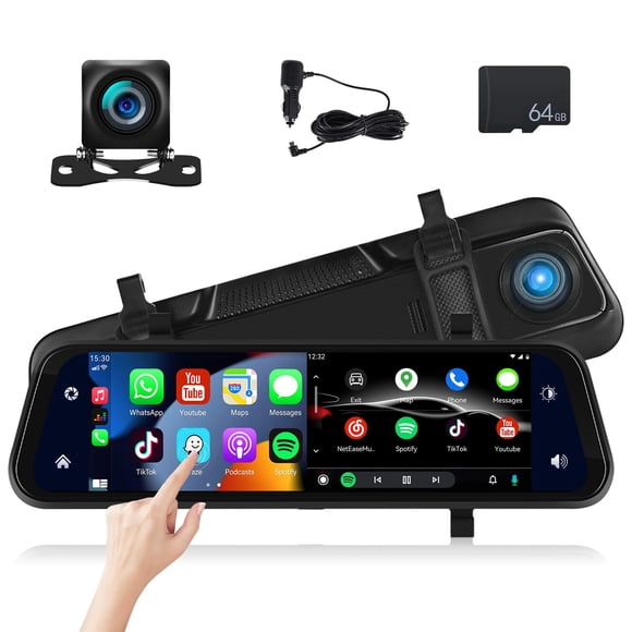 Mirror Dash Cam Cámara frontal y trasera con Apple Carplay/Android Auto Cámara de respaldo con espejo de 9,66 pulgadas para automóviles y camiones Grabadora de conducción Control de voz Monitoreo de e