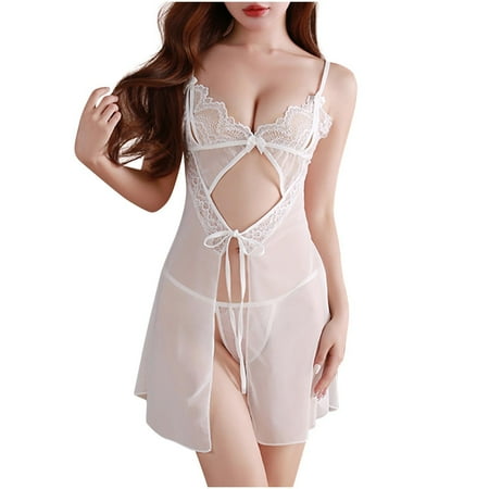 Oplxuo Women s Floral Lace Sexy Sheer Cutout Cami Nightgown with Thong Panty Teddy Babydoll Role Play Lingerie Nightwear