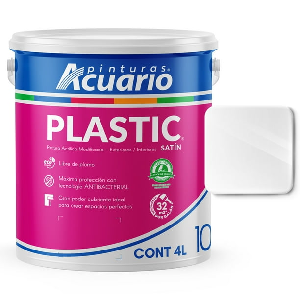Pintura Acrílica Modificada Exteriores Interiores Pinturas Acuario Plastic 10 Años 4 Litros Blanco Semisatinado