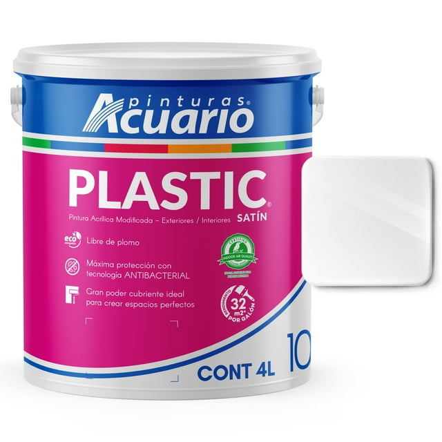 Pintura Acrílica Modificada Exteriores Interiores Pinturas Acuario Plastic 10 Años 4 Litros Blanco Semisatinado