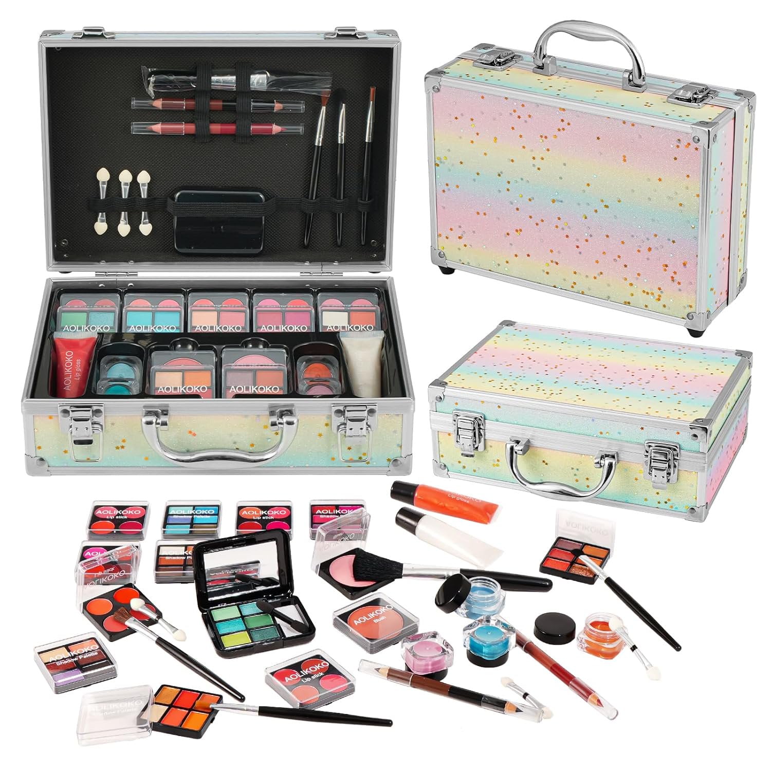 AOLIKOKO Makeup Kit for Teenager & Women,Makeup Set for Gift with Rainbow Case Includes Eyeshadow Palette Blush Lip Gloss Lipstick Eye Pencil Brush Mirror