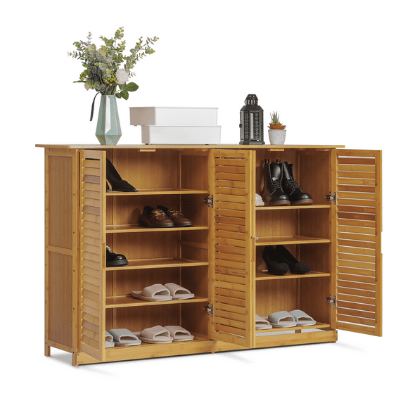 Magshion Bamboo 5 Tiers Shoes Rack, 27 Pairs Storage Cabinet Blinds with Door, Natural, for Entryway