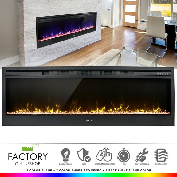 Geniqua 58" Electric Fireplace Heat Insert Wall Heater Adjust 3D Crystal Flame  Remote