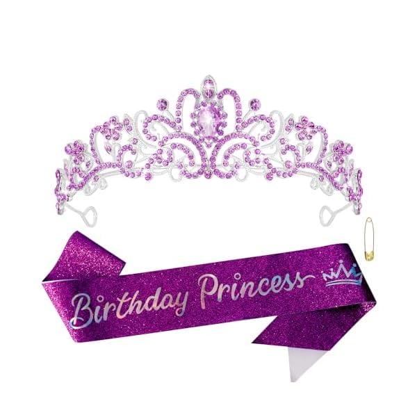 wonima11 Birthday Crown and Sash Set Birthday Girls Purple Princess Tiara Queen Crowns Crystal Tiara Women Rhinestone Tiara Birthday Headband Happy Birthday Decorations Party Cosplay Gifts