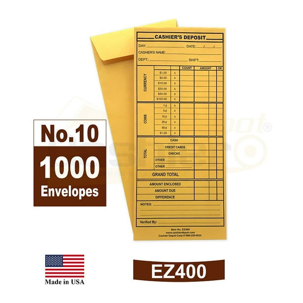 1000 Cashier Depot EZ400 Cashier's Deposit Envelope, 10 Brown Kraft
