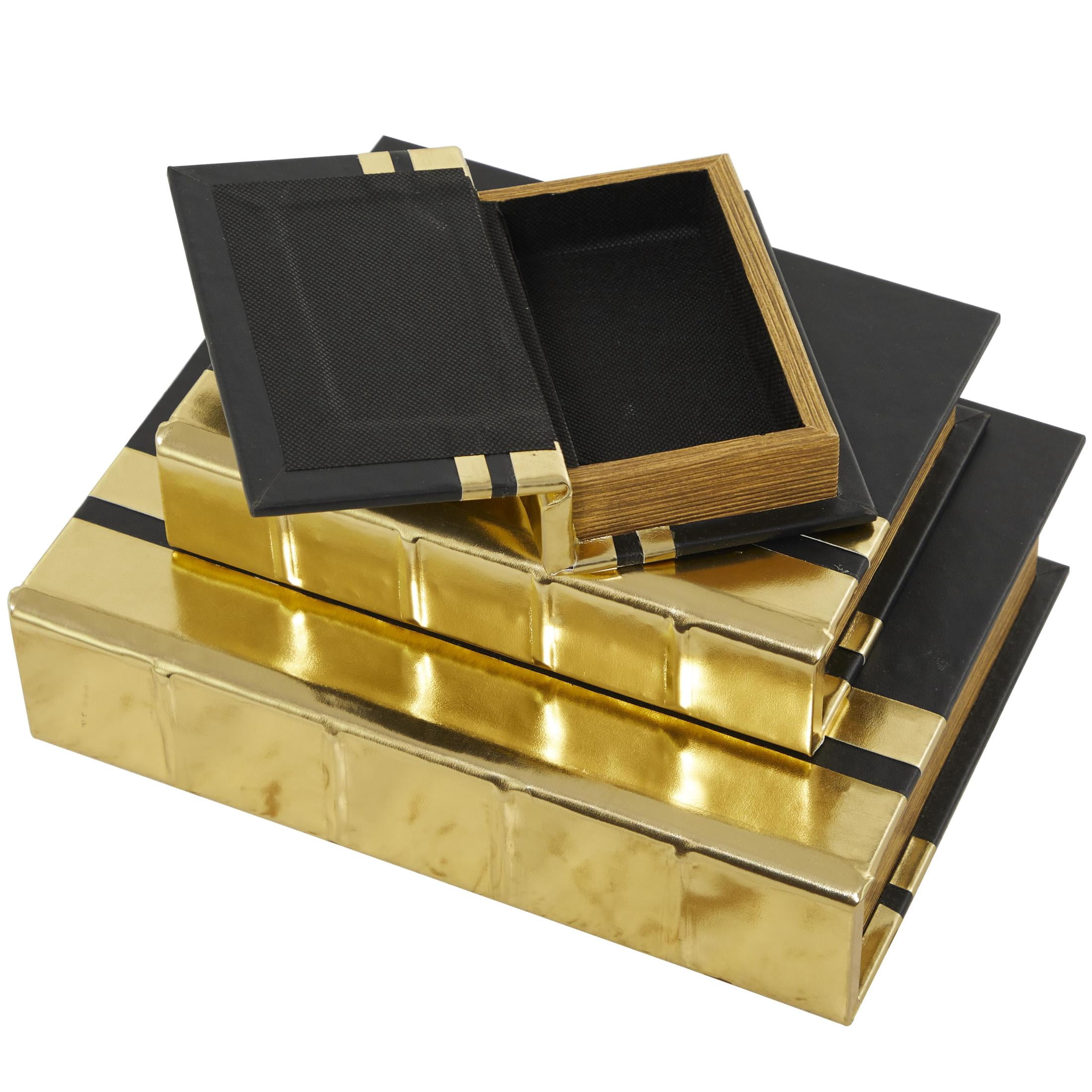 CosmoLiving by Cosmopolitan Metallic Faux Book Storage Gold Faux Leather Decorative Box, 3 Count