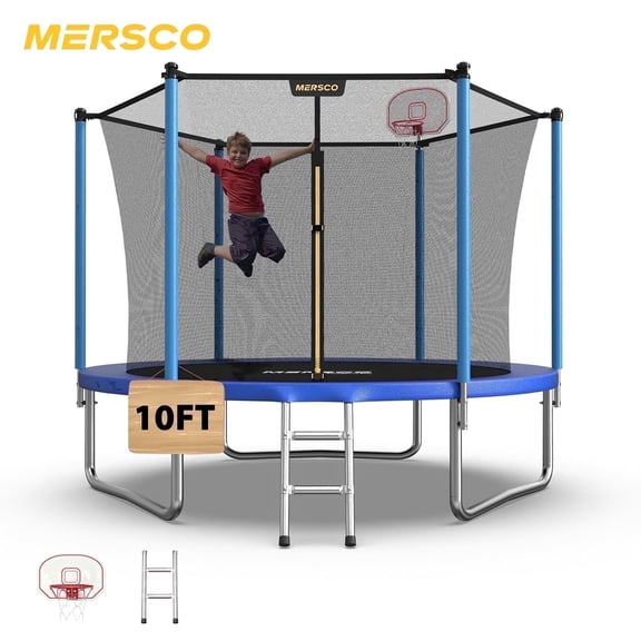 Mersco 10FT Trampoline PLAY Heavy Duty Outdoor Trampoline for Kids, Backyard Trampoline with Safety Enclosure Net, Basketball Hoop and Ladder for Family Fun,Safe Internal Net Design