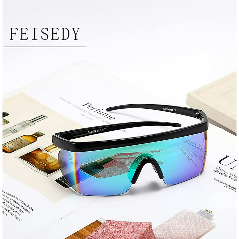 FEISEDY Oversized Mirror Shield Sport Sunglasses Flat Top One Piece  Futuristic Men Women B2522