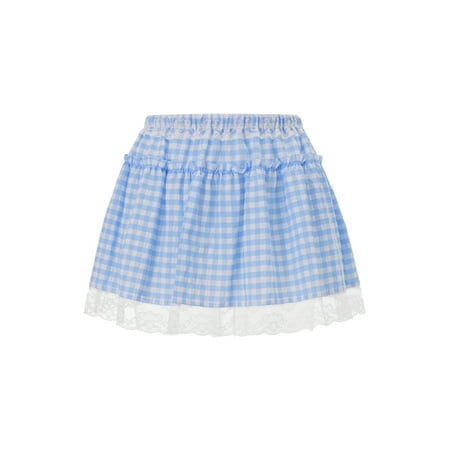 GXFC Women Babydoll Plaid Short Skirts Junior Girls Floral Lace Patchwork A-Line Skirts Elastic Waist Frill Trim Hem Mini Skirts Ladies Cute Fashion Classic Casual Skirts for Daily Party
