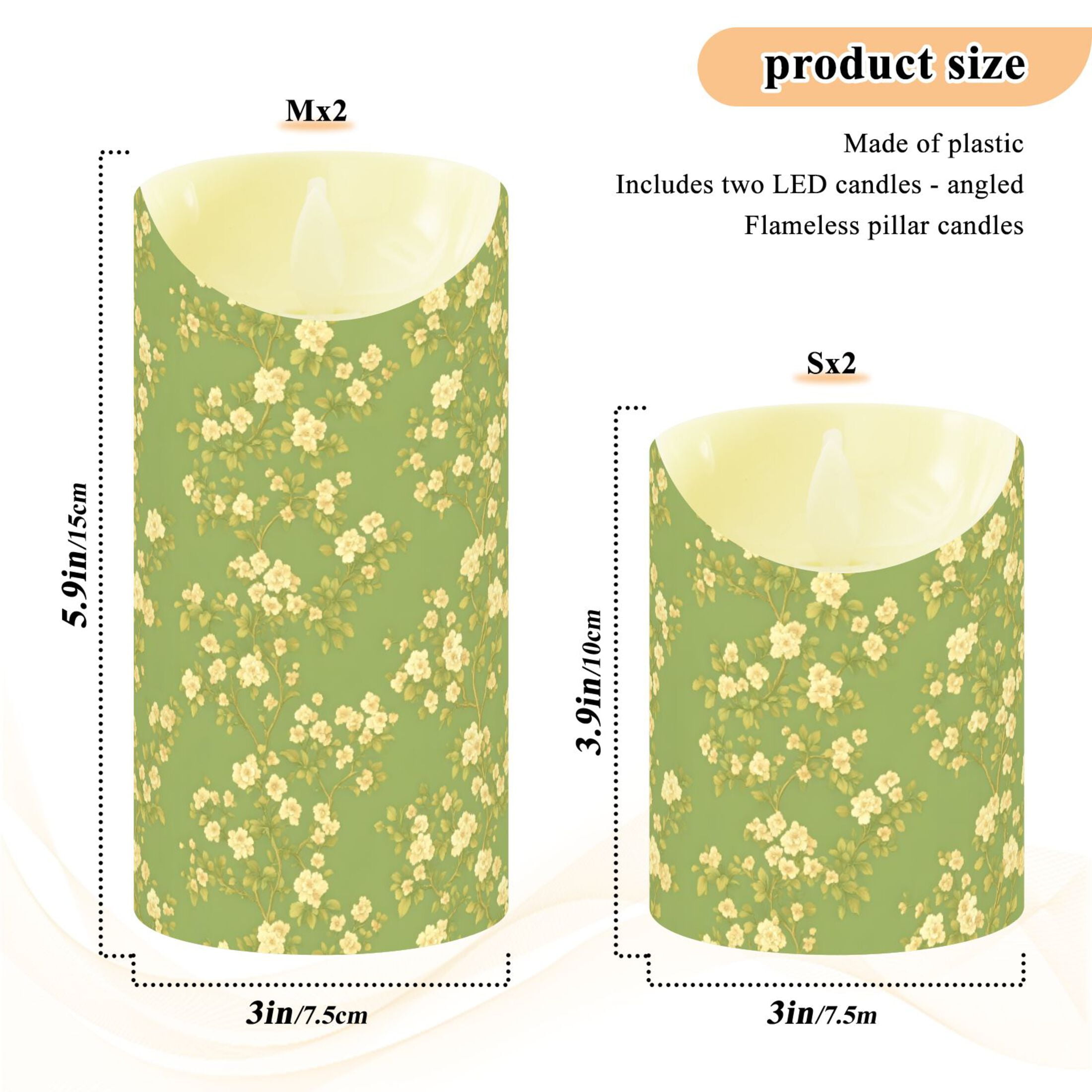 Green Floral Pattern Flameless Candles 2 PCS with Remote Realistic Moving Flame LED Tapered Pillar Set for Home Decor