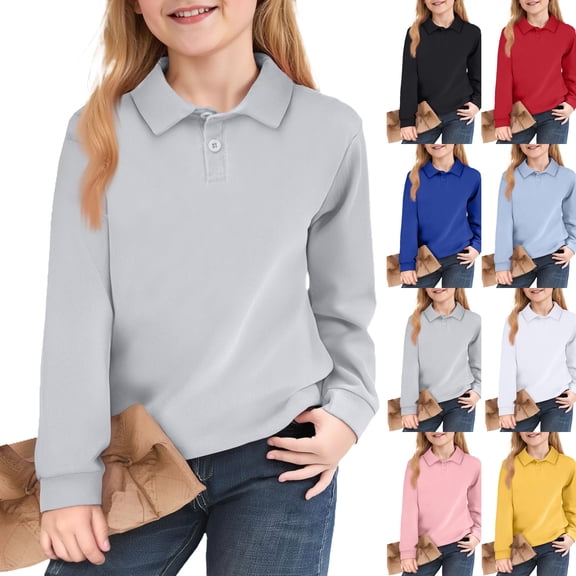 Girls Polo Shirt Kids Long Sleeve Button Collared Uniform Shirts Youth Girls Uniforms Back to School Clothes,Gray,9-10 Years