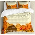thumbnail image 1 of Log Cabin Duvet Cover Set King Size, Autumn Illustration of a Old Rustic Lodge Surrounded with Maple Trees, Decorative 3 Piece Bedding Set with 2 Pillow Shams, Cream Orange and Umber, by Ambesonne, 1 of 3
