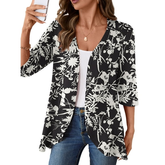 Anygrew Casual Lightweight Cardigans For Women Out Open Front Jackets 3/4 Sleeves