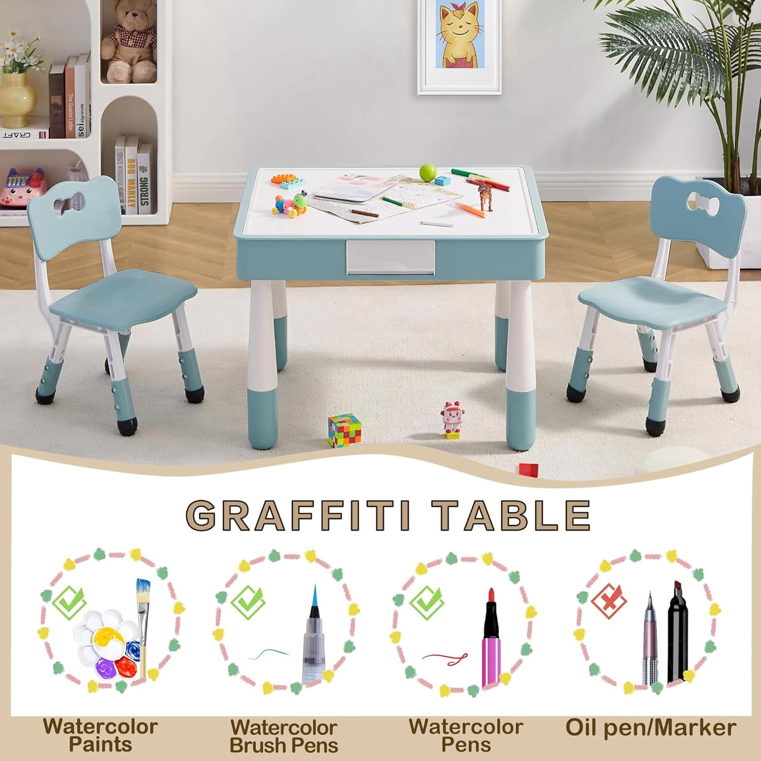 4 in 1 Kids Table and Chairs Set, Toddler Table and Chair Set for Kids Ages 3-10, 29.5" L x 23.6" W Activity Table w/Storage, Graffiti & Building Blocks Double-Sided Tabletop, Grayish Blue