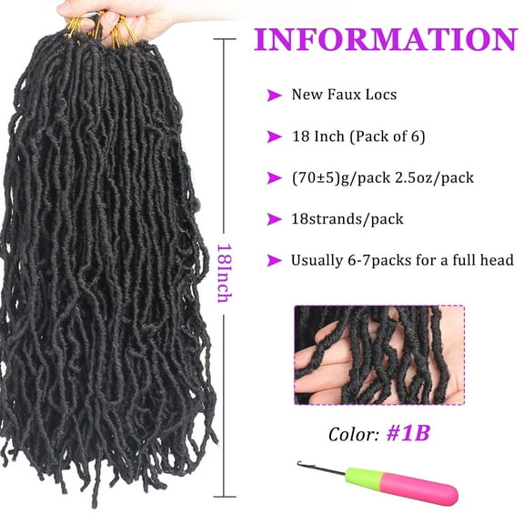 FGERFE-18 Inch 6 Packs New Faux Locs Crochet Hair 108 Strands Pre-Looped Wavy Black Soft Faux Locs Crochet Braiding Hair for Women Dreadlocks Hair Synthetic Hair Extensions (18 Inch,1B#)