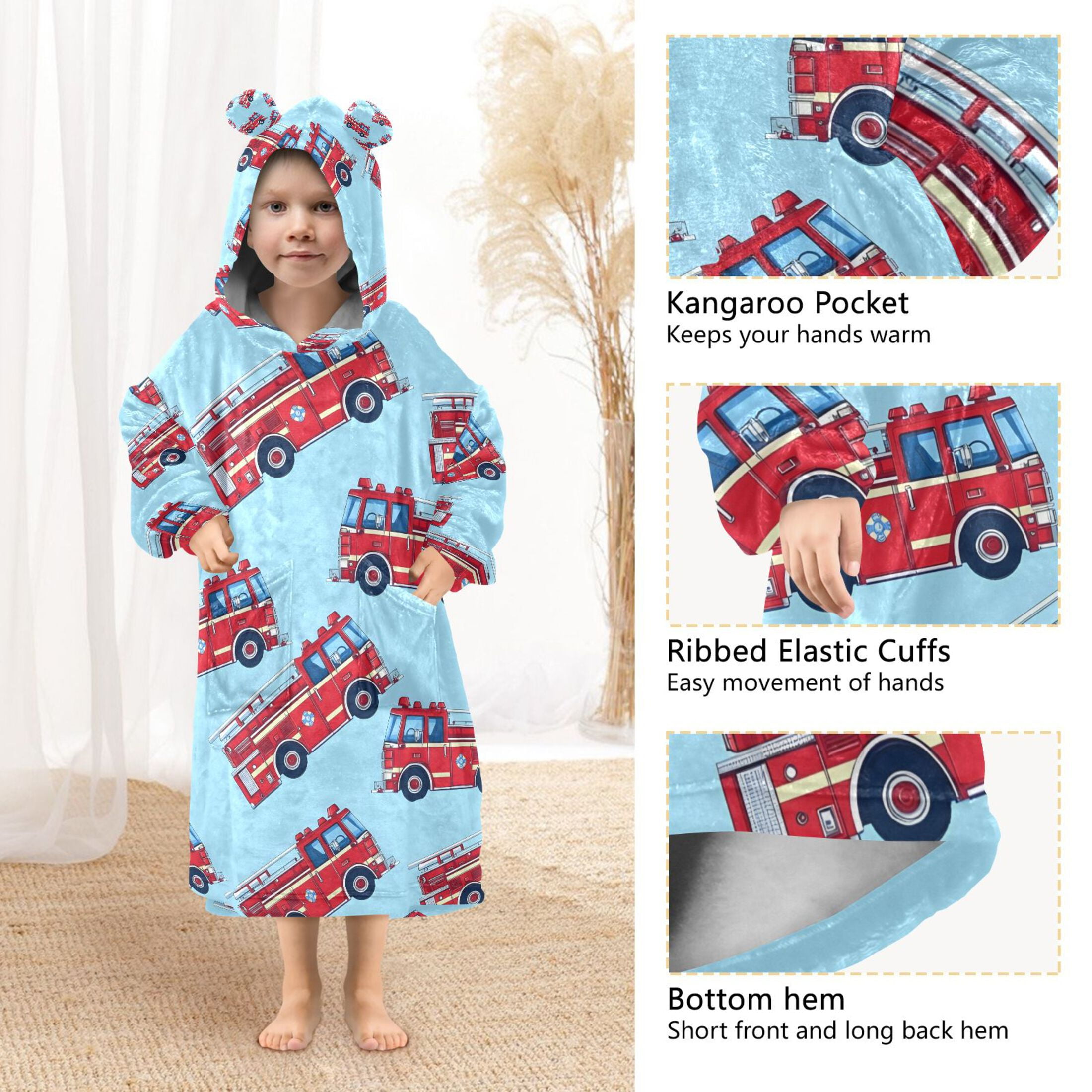 joogoo Wearable Blanket Hoodie for Cartoon Fire Trucks Oversized Sherpa Hooded 3-14 YR M