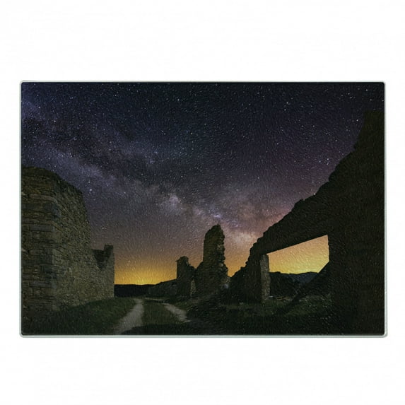 Landscape Cutting Board, Antique Ruin at Starry Night Celestial Road Roman Dated Aged Heritage Back Then Theme, Decorative Tempered Glass Cutting and Serving Board, Small Size, Indigo, by Ambesonne