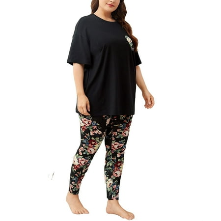 

Casual Heart Round Neck Pant Sets Multicolor Elbow-Length Plus Size Pajama Sets