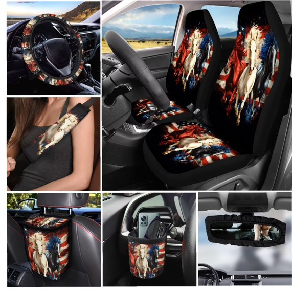 KUIFORTI Horse American Flag Car Seat Covers All-Season Protection Set of 15 Front Rear Seat Covers Car Air Vent Storage Organizer Breathable Anti Slip Universal Fit Cars SUV Trucks