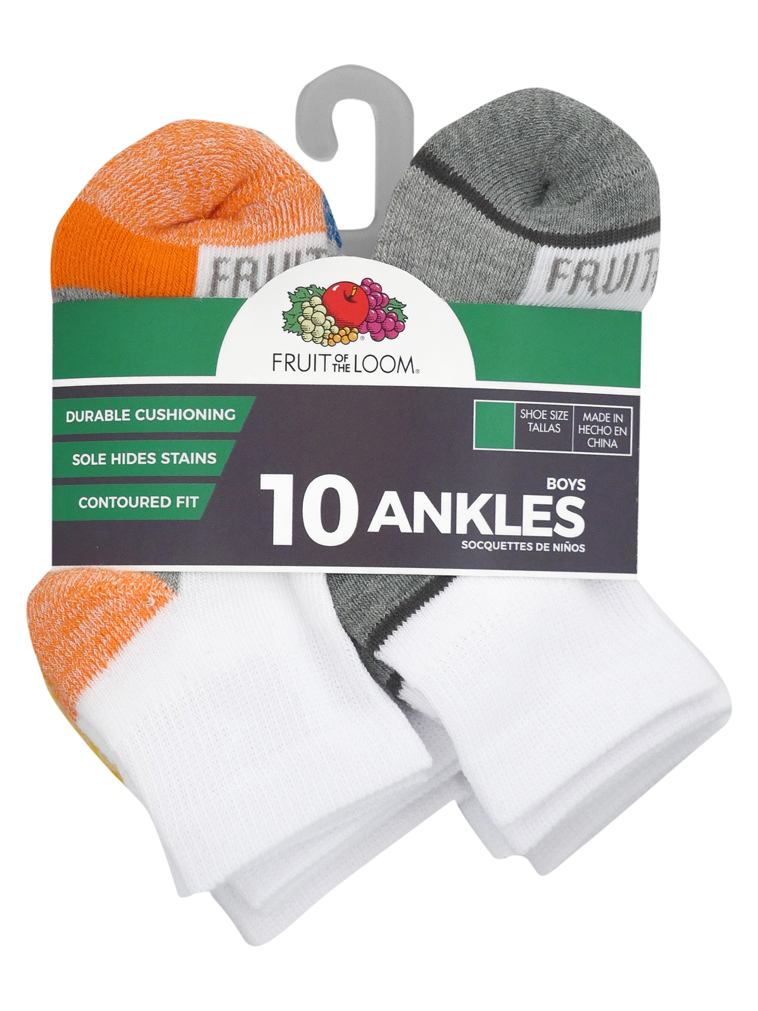 Fruit of the Loom Boys Zone Cushion Ankle Socks 10 Pack, (Little Kids & Big Kids) White Assorted, L - image 5 of 5
