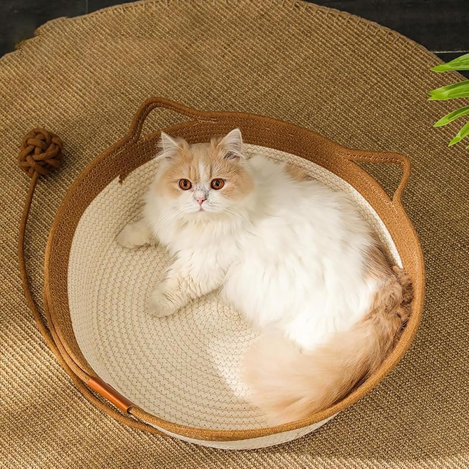 Handwoven Cat Basket,Foldable Cotton Rope Cats Toy Bed with Teasing Ball,for Small & Large Dog