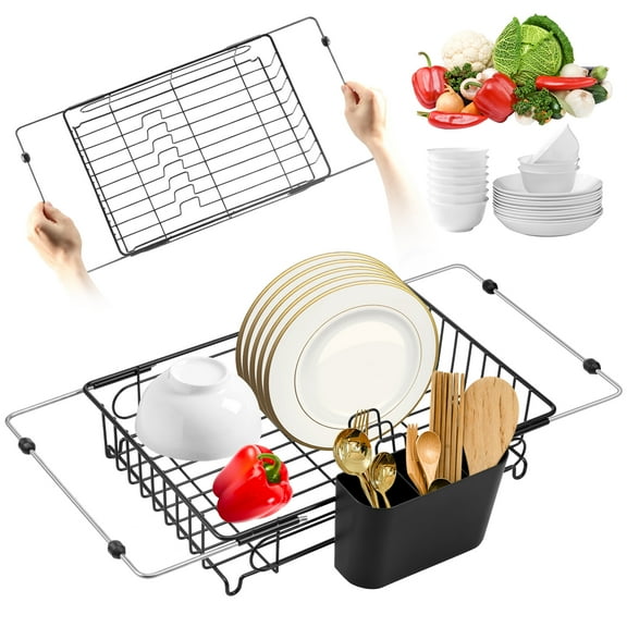 Grusce Expandable Dish Drying Rack, Adjustable Dish Drainers in Sink, Over The Sink Stainless Steel Plate Holder, Space Saving Silver Hanging Drainer with Utensil Holder for Compact Kitchen