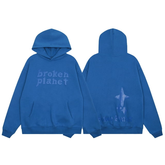 Broken Planet Letters Foam Print Loose Casual Plus Velvet Hooded Sweatshirt-24737 Blue-L
