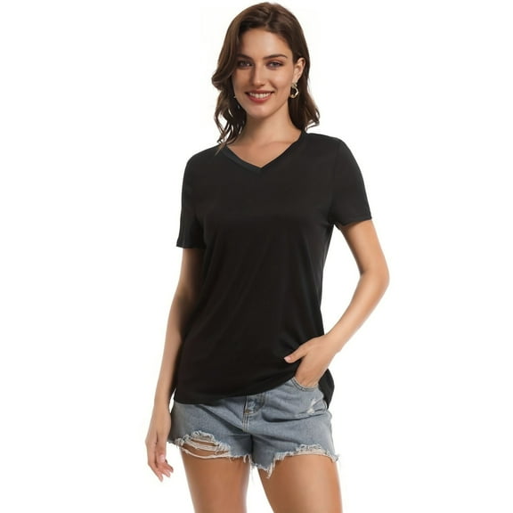 Women's V Neck Short Sleeve Slim Fitted T-Shirt Stretchy Bodycon Basic Top Casual Active Tee