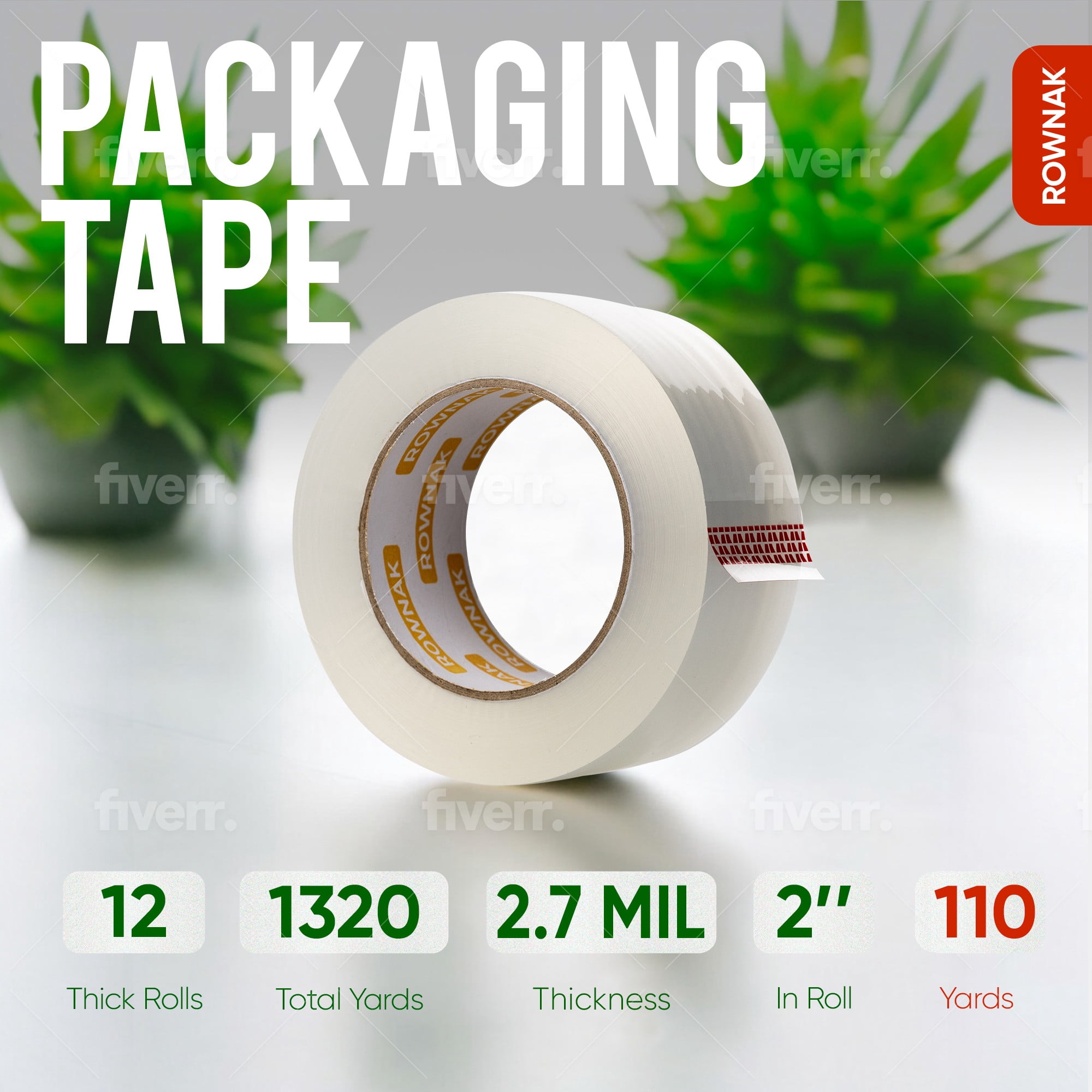 ROWNAK Clear Heavy Duty Packaging Tape- 12 Rolls, 2.0 in.Wide x 110 Yards, 2.7mil Thick