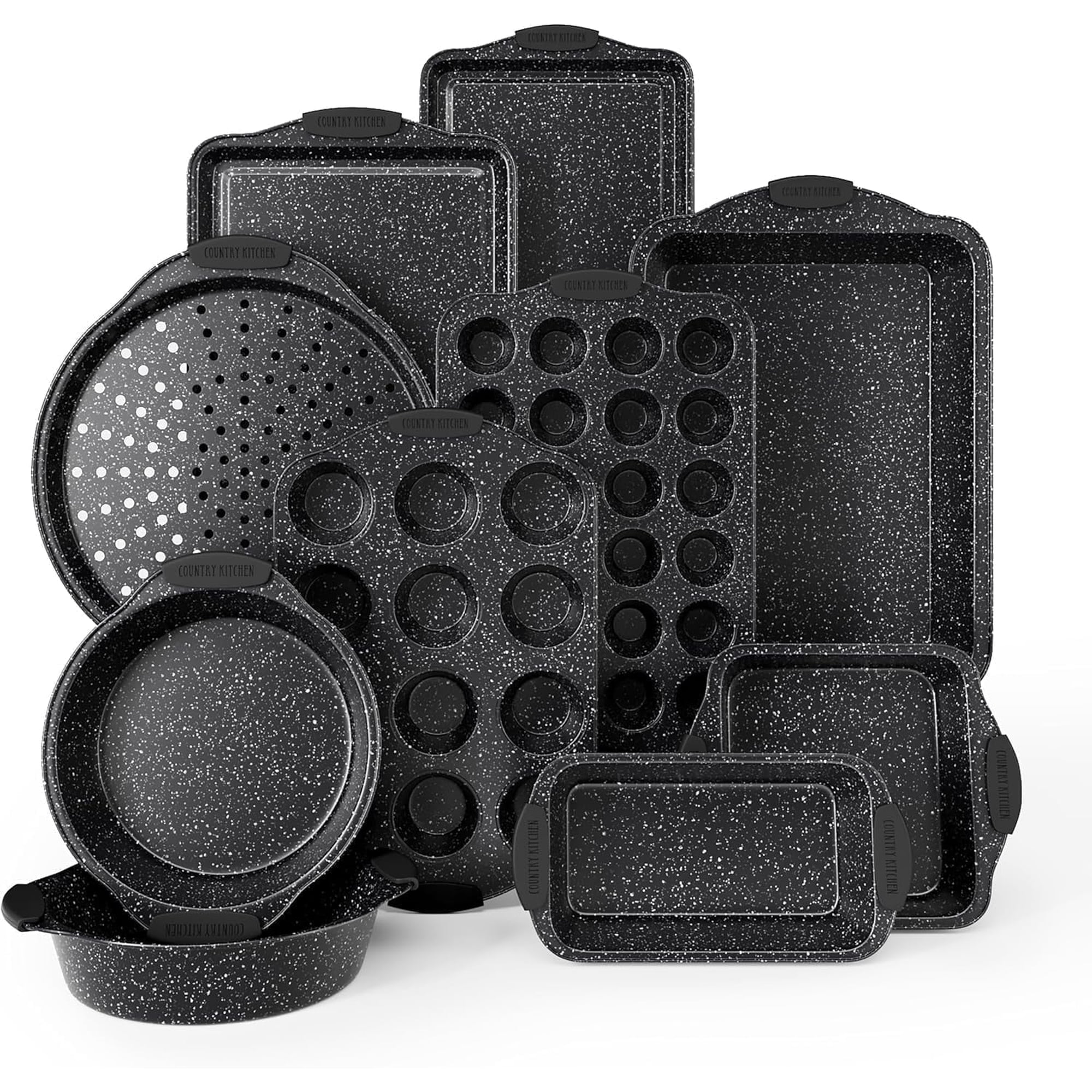 Country Kitchen Baking Pans, 10-Piece Stainless Steel Bakeware Set, Black