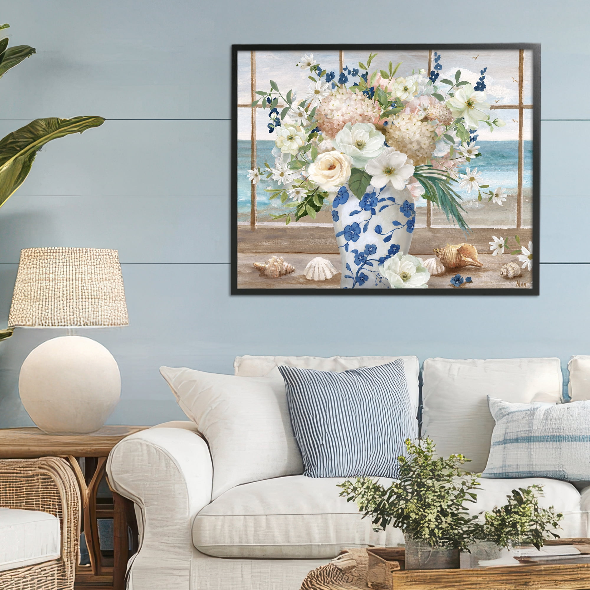 Stupell Industries Seashells & Flowers Windowsill Black Framed Giclee Art, design by Nan