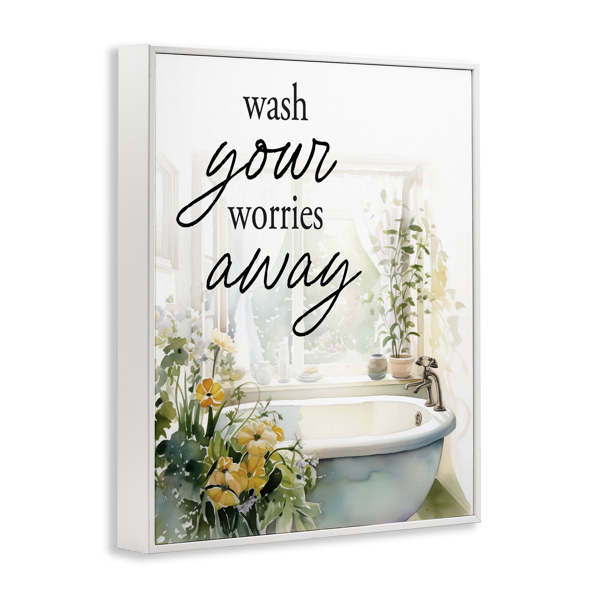 Wash Worries Away Sunlit Bath White Framed Giclee Art, design by Lettered and Lined