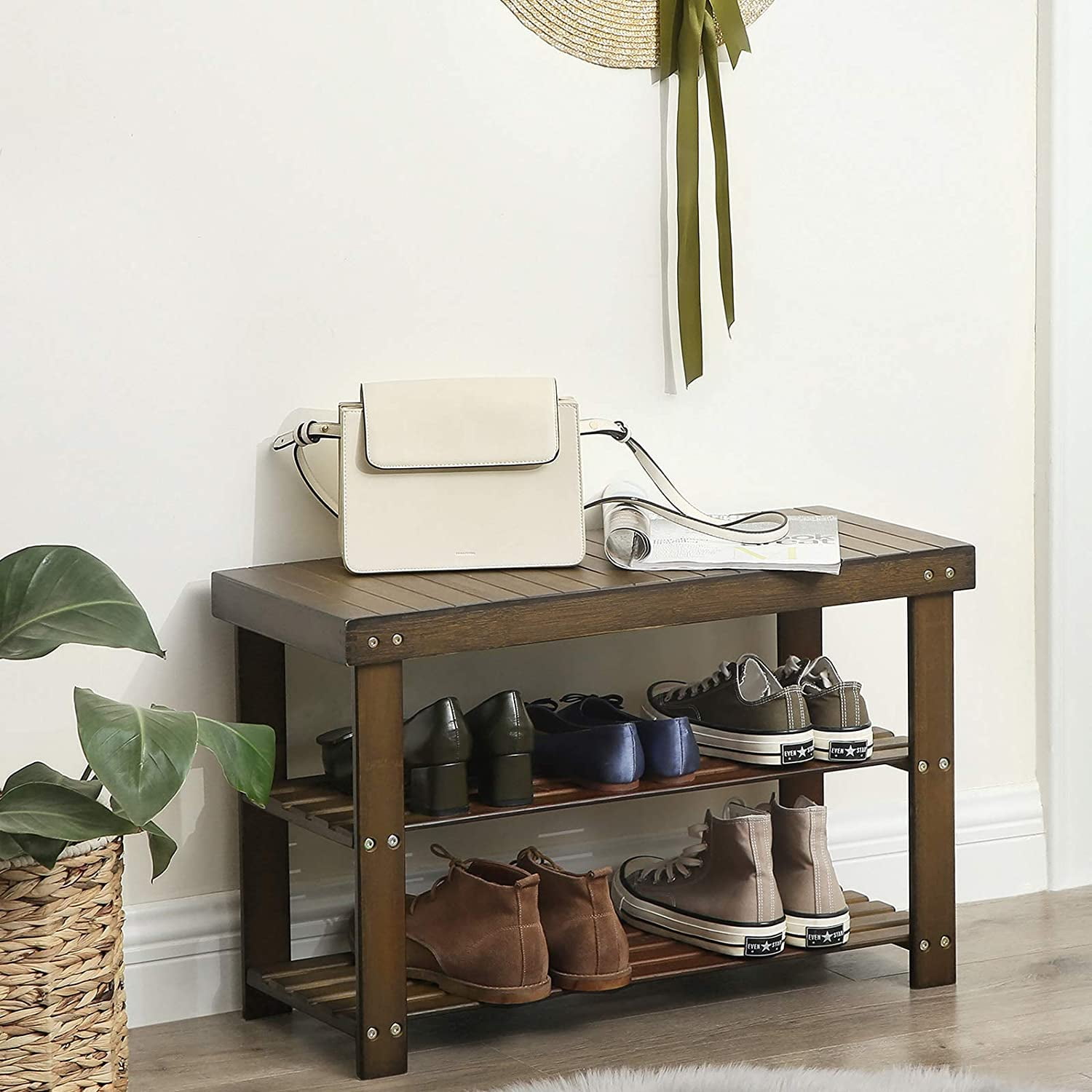 3-Tier Shoe Rack Bench, Hallway Bamboo Organizer, Home Storage Shelf with Holds 286 lb, Walnut