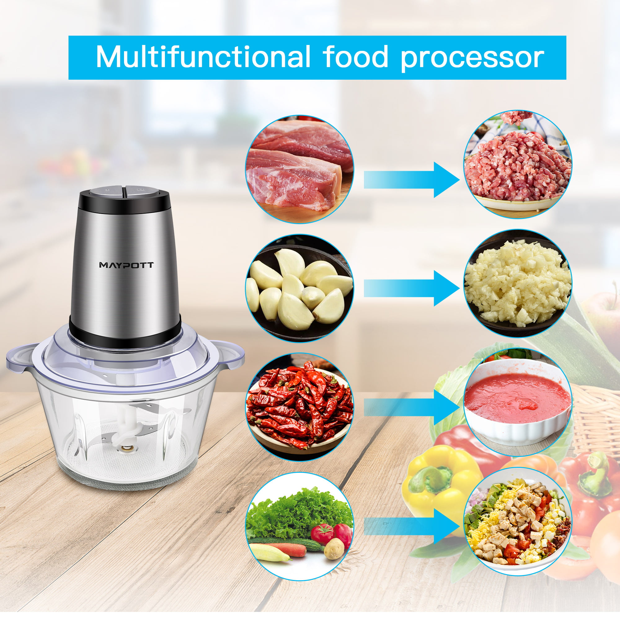 Electric Food Chopper Meat Processor, 2 Speed 500W 8 Cups Food Grinder w/  2L BPA-Free Glass Bowl & 4 Sharp Blades for Meat, Vegetables, Fruits and  Nuts 
