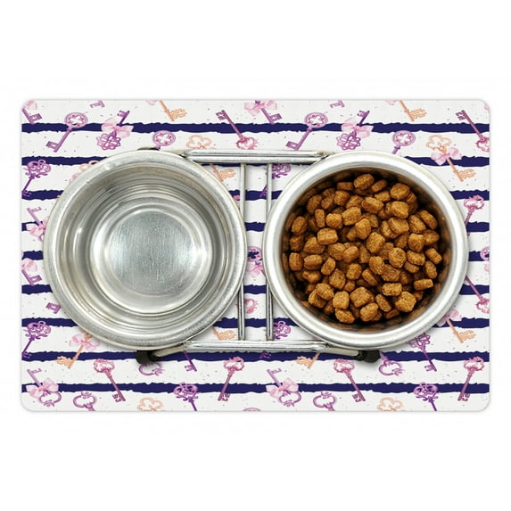 Retro Pet Mat for Food and Water, Old Medieval Vintage Keys with Ribbons and Diamonds Striped Pattern in French Style, Non-Slip Rubber Mat for Dogs and Cats, 18" X 12", by Ambesonne