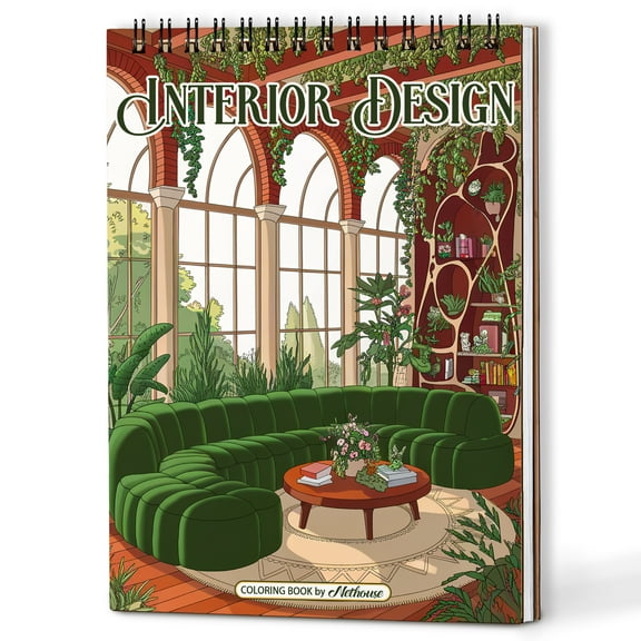 NETHOUSE Cozy Interior Design Coloring Book Spiral Bound for Adults, A5 Wooden Cover, 30 Inviting Coloring Pages of Cozy Home for Stress Relief and Relaxation