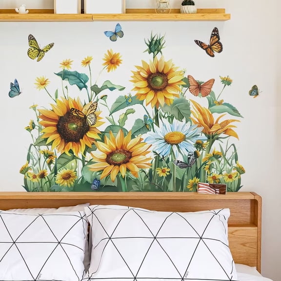 Watercolor sunflower decals, sunflower wall stickers, flower posters, bathroom glass decals, transparent stickers, DIY children's room decals, living room, bedroom and kitchen decals