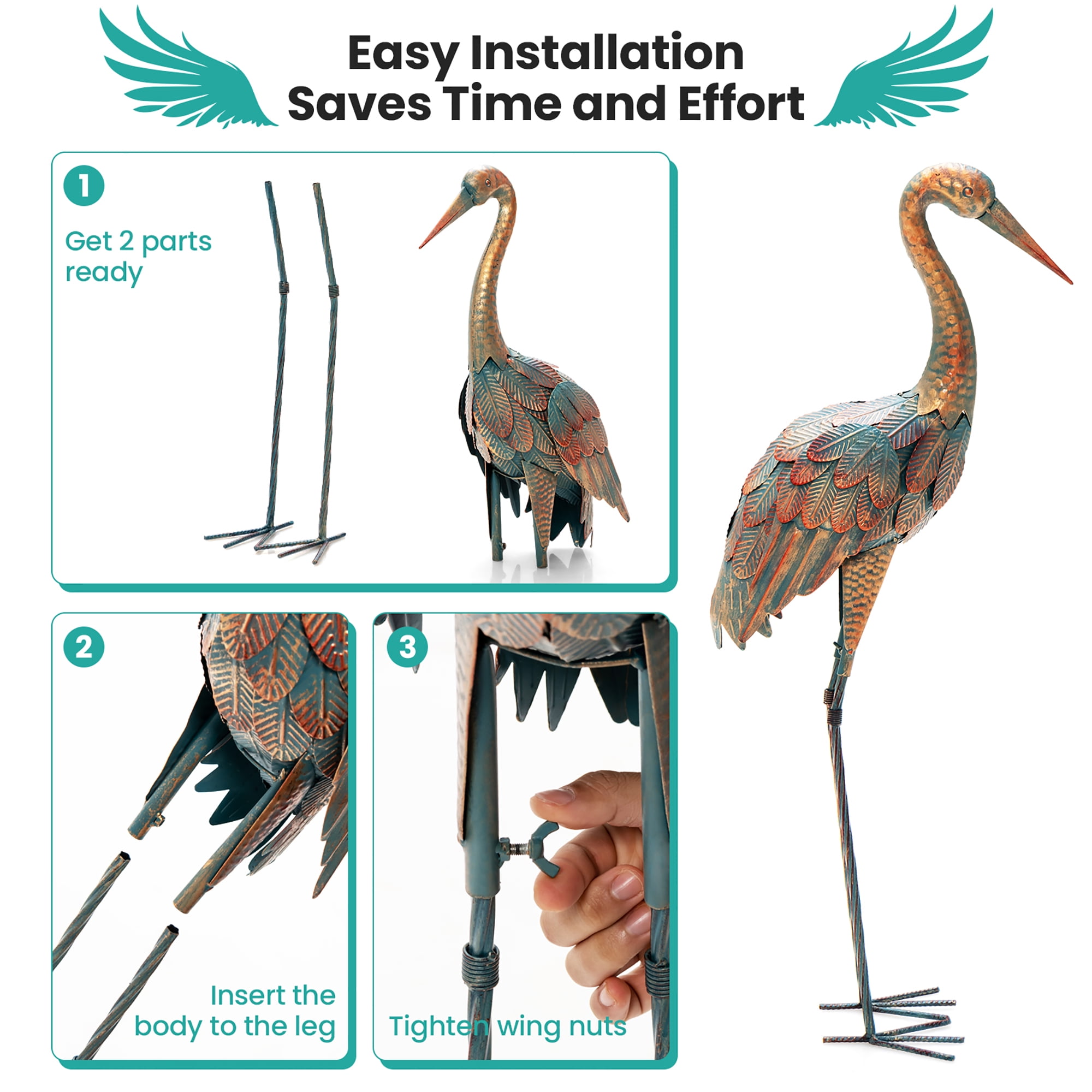 Costway 2-Piece Metal Crane Garden Statue Sculpture Set Outdoor Yard Lawn Decoration