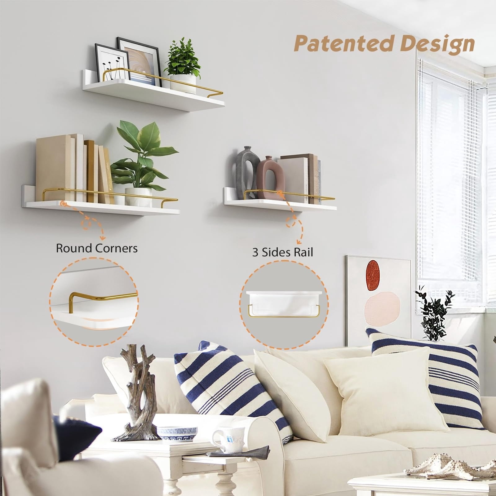 Forbena Gold Floating Shelves for Wall Decor Set of 3, Bathroom Shelves Over Toilet, Modern Display Wall Shelf with Guard Rail for Living Room Bedroom Organizers and Storage - White and Gold