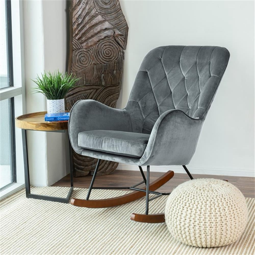 Severn Mid Century Modern Indoor Nursery Velvet Rocking Chairs in Dark Gray
