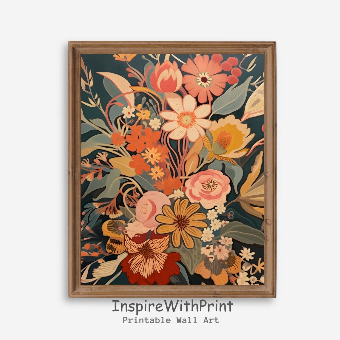 Mid Century Boho Flowers Wall Art Print Abstract Bouquet And Botanical Decor