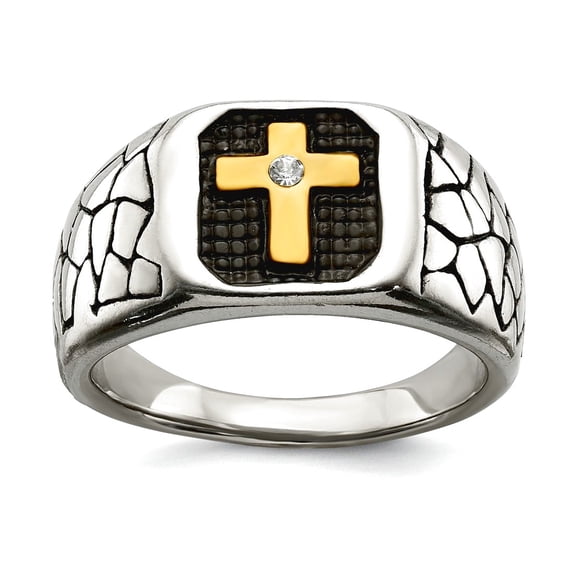 Stainless Steel Oxidized and Polished Yellow Ip Plated With Crystal Religious Faith Cross Ring Size 9 Ring for Women