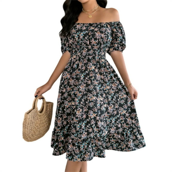 WTOBBY Women's Fashion Floral Print Square Neck Short Sleeve Waisted Ruffled A-Line Skirt Dress - Elegant and Feminine Dress with Floral Design, Ideal for Spring or Summer,Black L