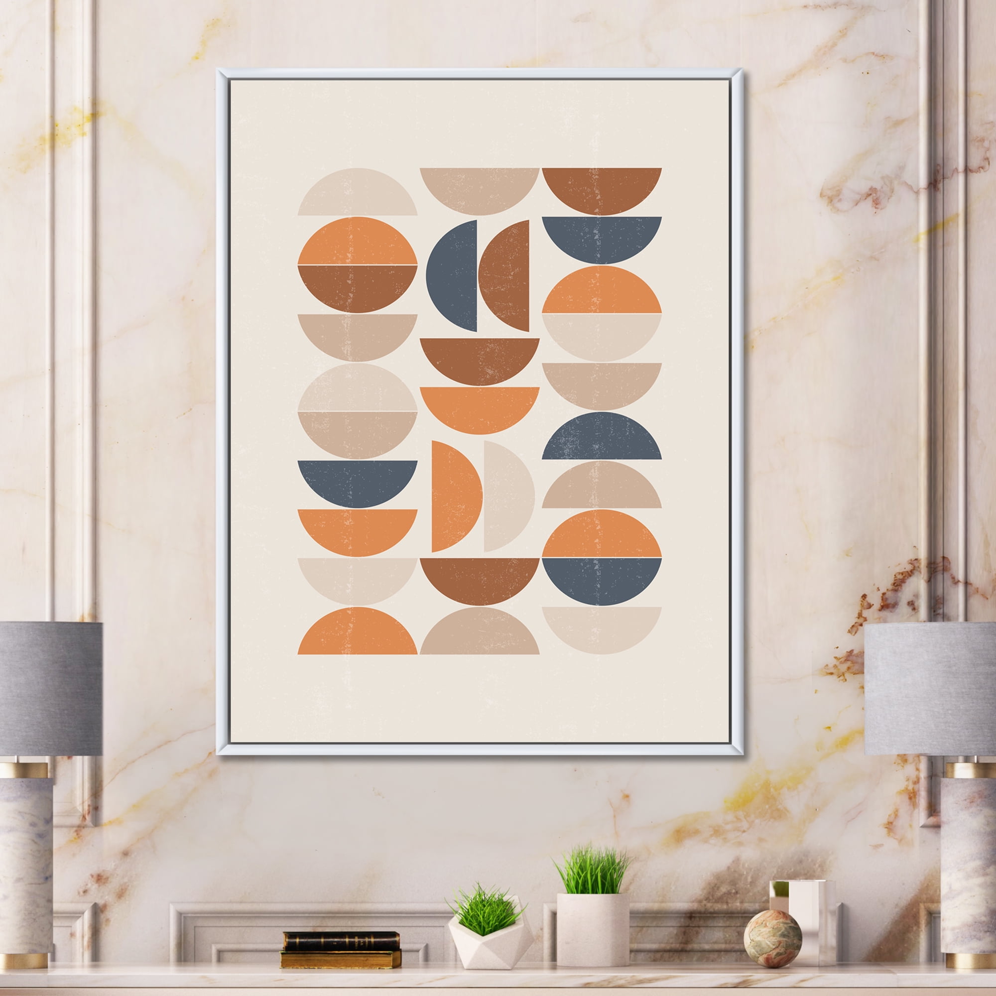 Designart 'Abstract Moon and Sun In Orange and Blue' Modern Framed Canvas Wall Art Print