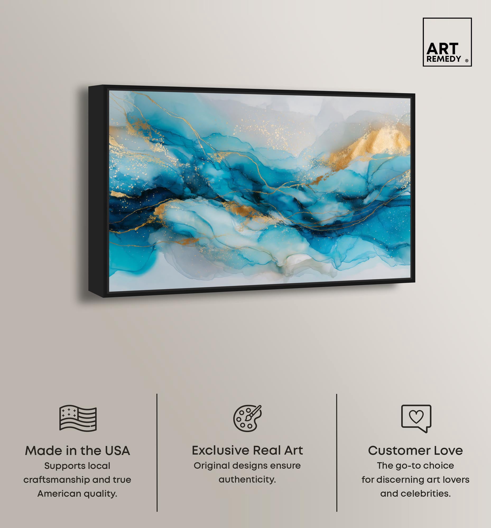 Ethereal Blue and Gold Canvas Abstract Wall Art by Art Remedy, Black Frame, 36 x 24
