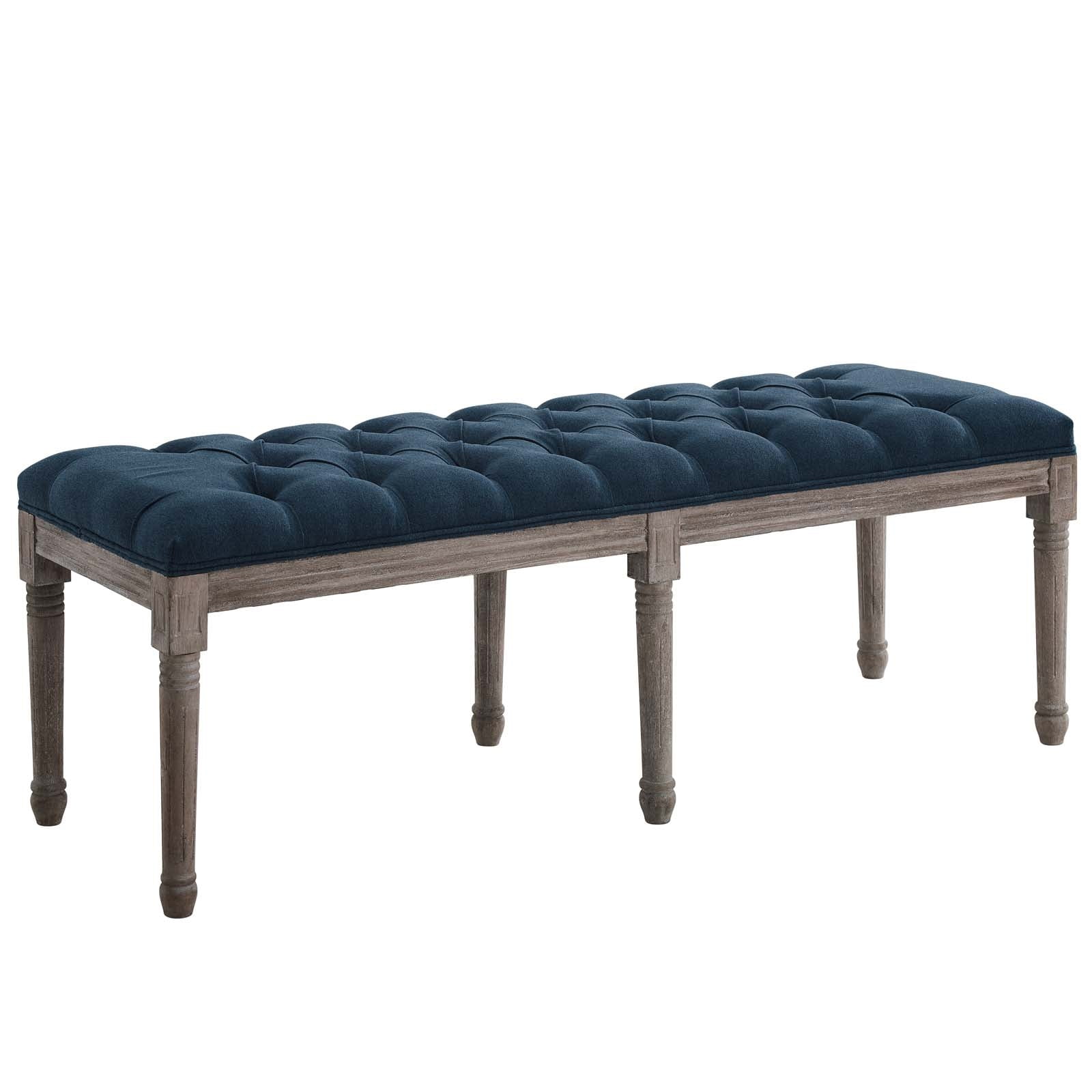 French Vintage Upholstered Fabric Bench, Navy
