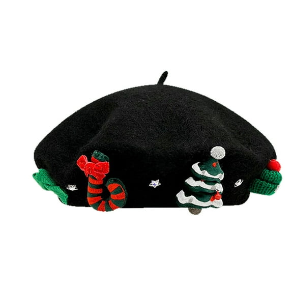 Black Black Christmas Beret Hat With Bow Decoration Warm Knit Beanie For Women Holiday Party Festive Winter Accessory