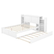 Euroco Full Size Wood Platform Bed with Trundle, Flexible 4-Tier Shelf in Headboard for Kids, White