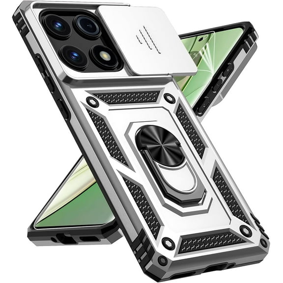 for Motorola Edge 2025 Case, with Slide Camera Cover HD Screen Protector [Military Grade Drop Tested] Magnetic Ring Holder Kickstand Protective Phone Case for Motorola Moto Edge 2025, Silver